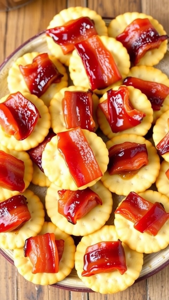 A close-up of crispy bacon-wrapped crackers with a caramelized glaze on a rustic wooden table.